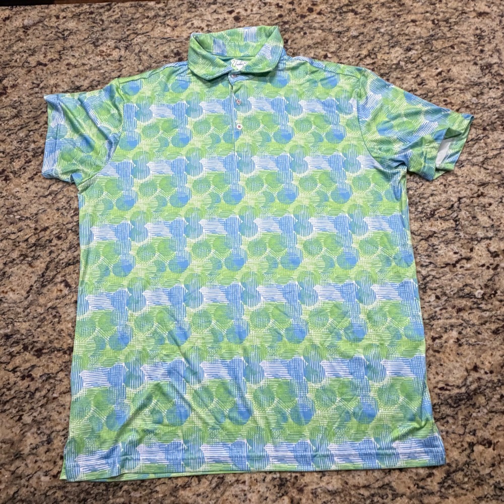 TailorByrd Womens Blue Green Geometric Abstract Print Polo Shirt Large ws